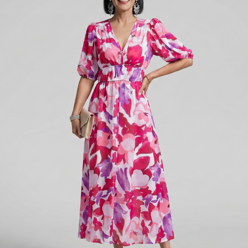 Larette | Puff Sleeve V Neck Abstract Print Midi Dress