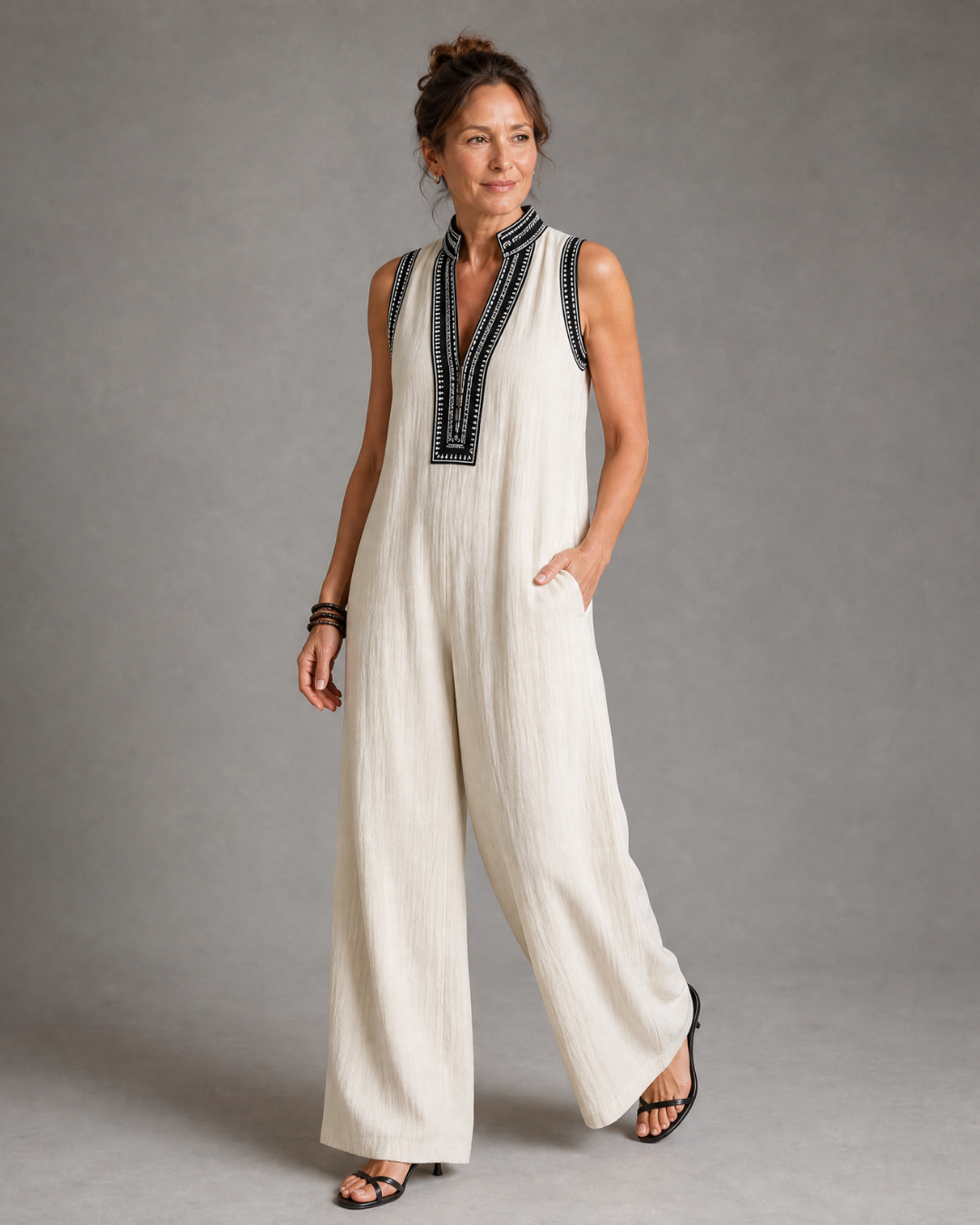 Zarbelle | Embroidered V Neck Sleeveless Wide Leg Jumpsuit