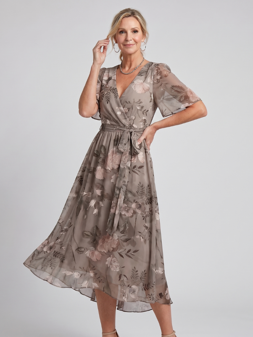Daldra | Flutter Sleeve Gathered Waist Floral Print Midi Dress