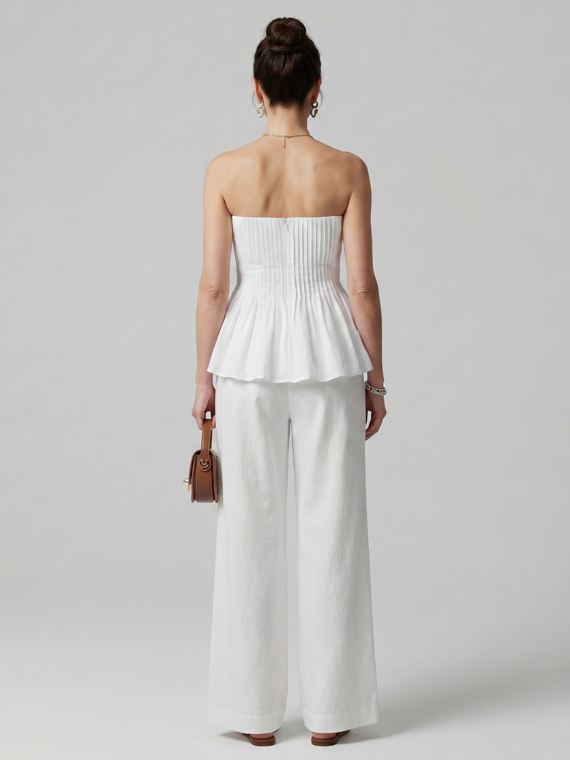 Romyina | Strapless Smocked Top And Wide Leg Pants Set