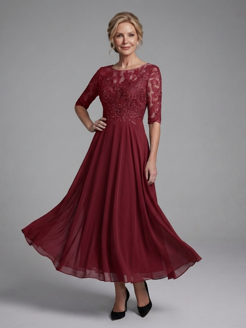 Solda | Lace Bodice Sheer Sleeve Midi Dress