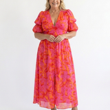 Gretasia | Floral V Neck Puff Sleeve Midi Dress