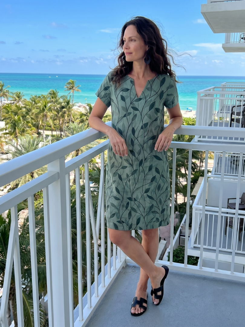 Merine | Leaf Print V Neck Knee Length Dress