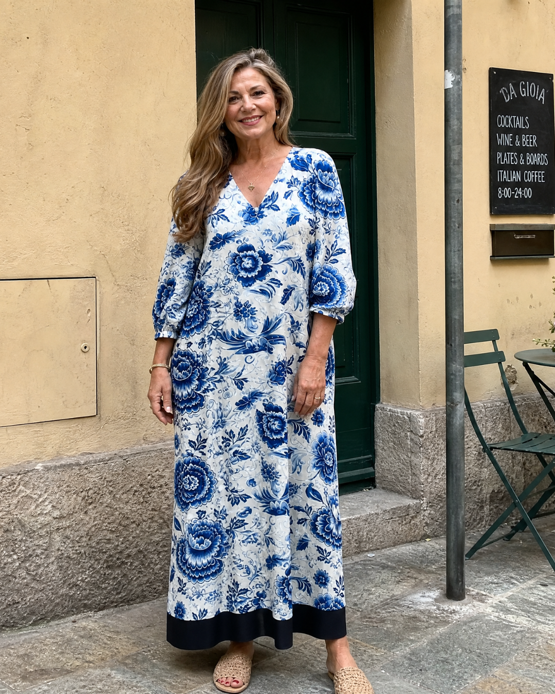 Sabina | Blue Porcelain Floral Pocket Detail Midi Dress