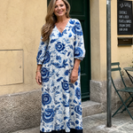 Sabina | Blue Porcelain Floral Pocket Detail Midi Dress