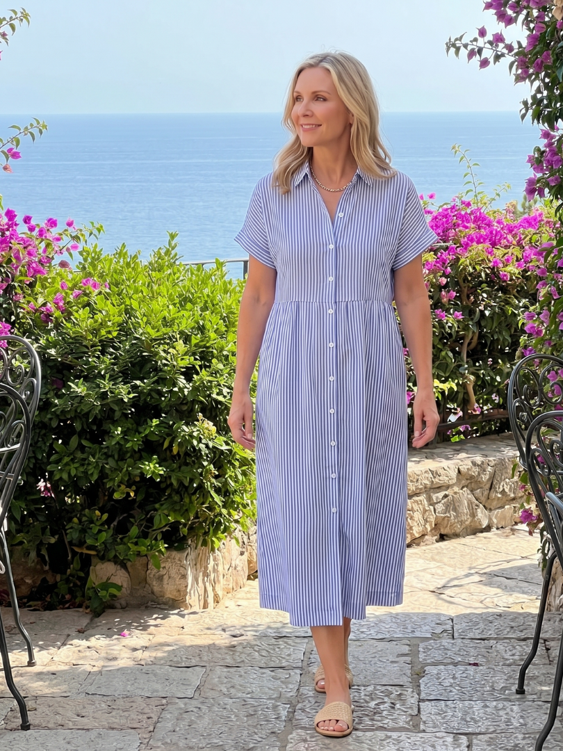 Roslora | Short Sleeve Stripe Pattern Midi Dress