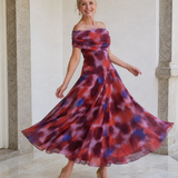 Sennia | Off Shoulder Watercolor Print Flowing Midi Dress