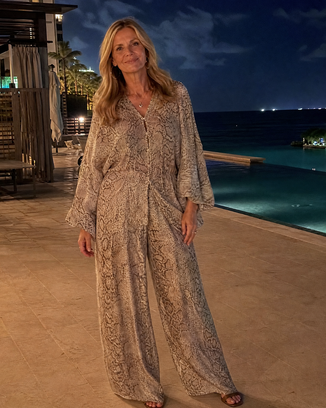 Odassa | Snake Print Draped Blouse And Wide Leg Pants Set