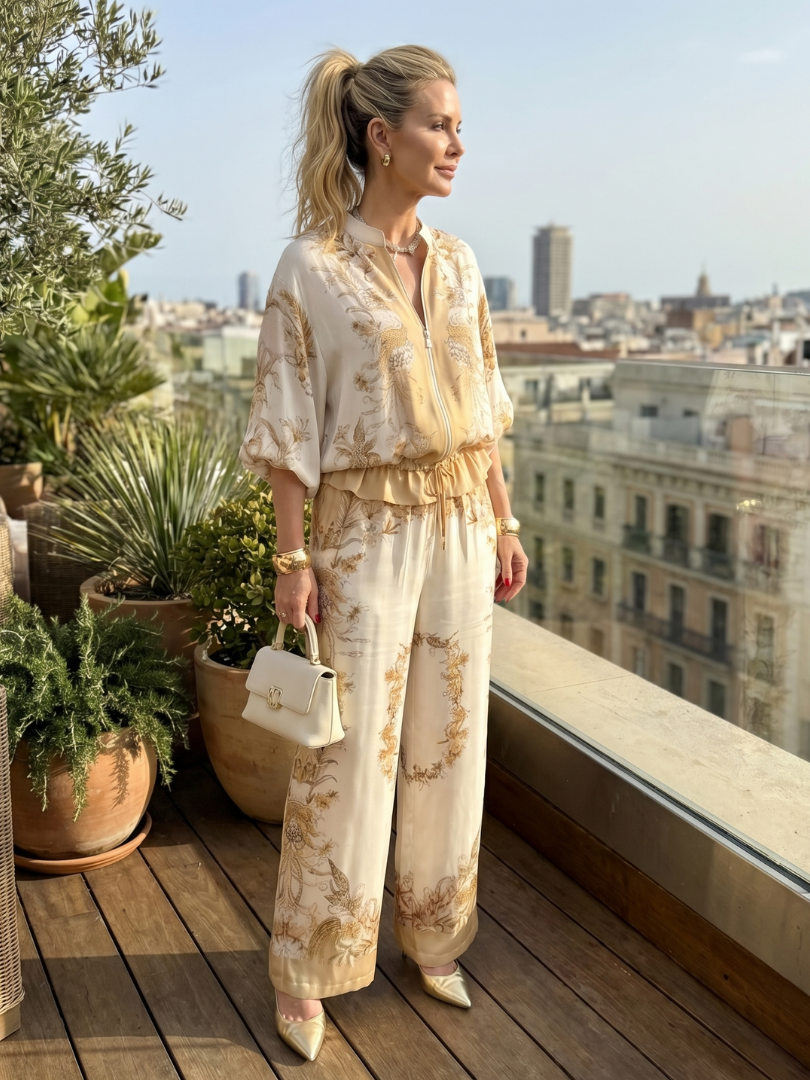 Clabelle | Zip Front Blouson Top Printed Two Piece Set