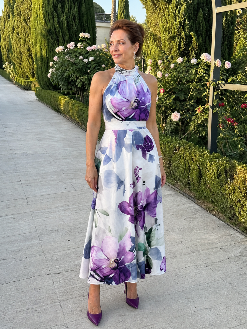 Teslia | Soft Bloom Halter Neck Flowing Midi Dress