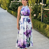 Teslia | Soft Bloom Halter Neck Flowing Midi Dress
