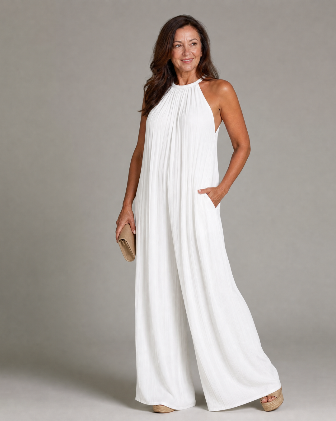 Gretabeth | Pleated Halter Neck Wide Leg Relaxed Jumpsuit