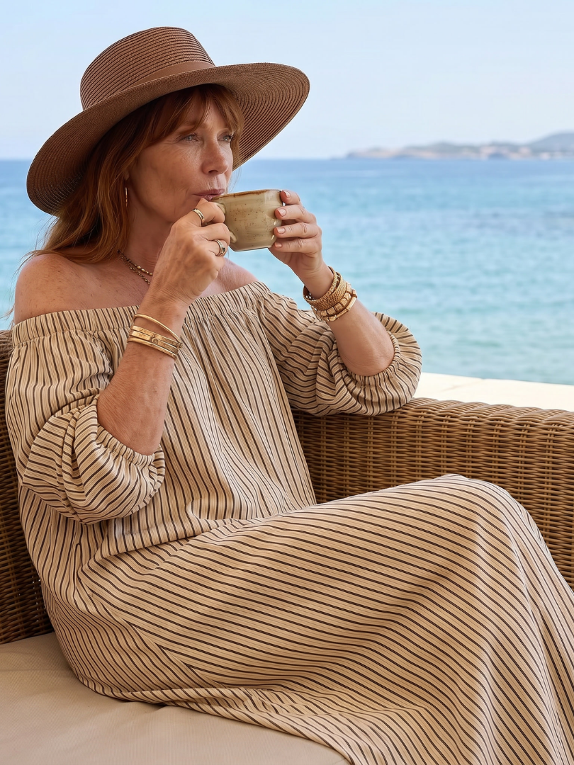 Orlarina | Off Shoulder Vertical Stripe Pattern Midi Dress