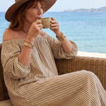 Orlarina | Off Shoulder Vertical Stripe Pattern Midi Dress