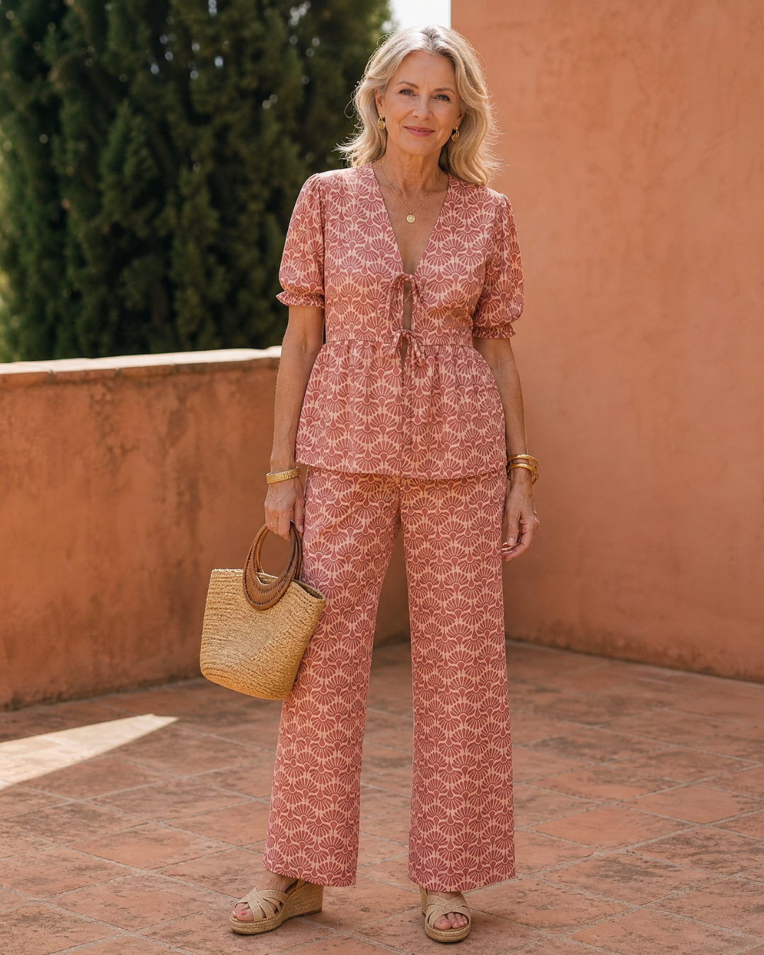 Lunra | Floral Print Puff Sleeve Top And Straight Leg Pants Set
