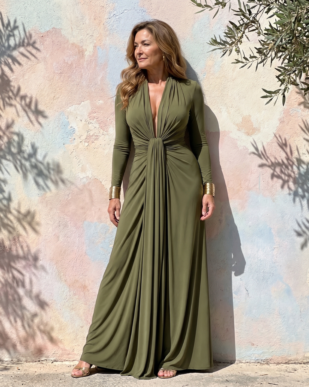 Fiondra | Draped Deep V Neck Long Sleeve Maxi Dress