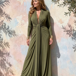 Fiondra | Draped Deep V Neck Long Sleeve Maxi Dress