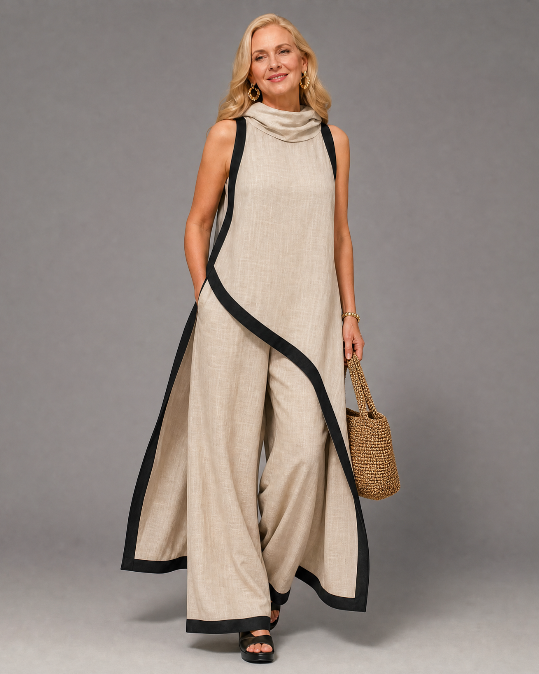 Tovarina | Contrast Trim Sleeveless Layered Top And Wide Leg Pants Set