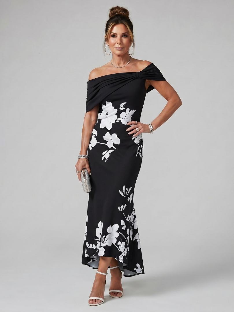 Sabwynne | Off Shoulder Draped Neckline Midi Dress
