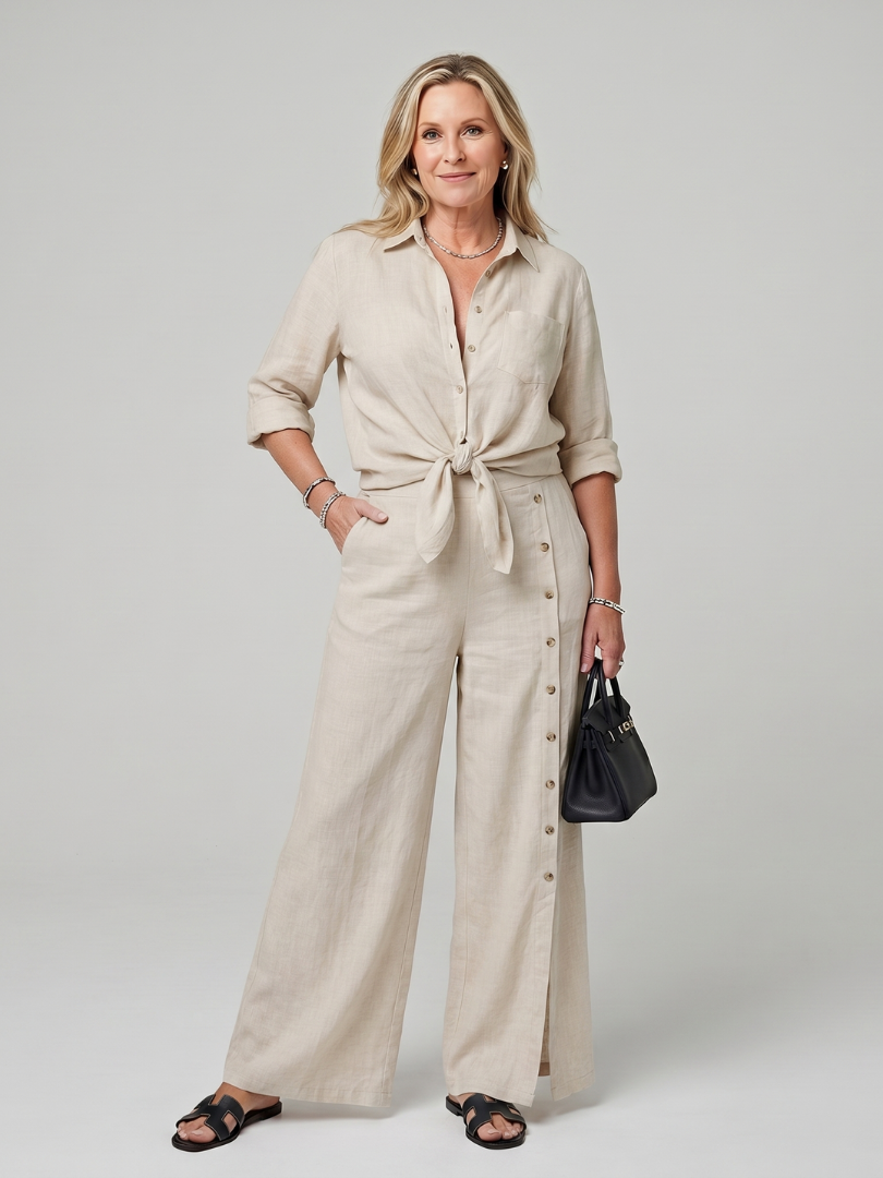 Veslora | Long Sleeve Tie Front Top And Wide Leg Pants Set