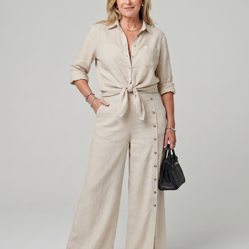 Veslora | Long Sleeve Tie Front Top And Wide Leg Pants Set