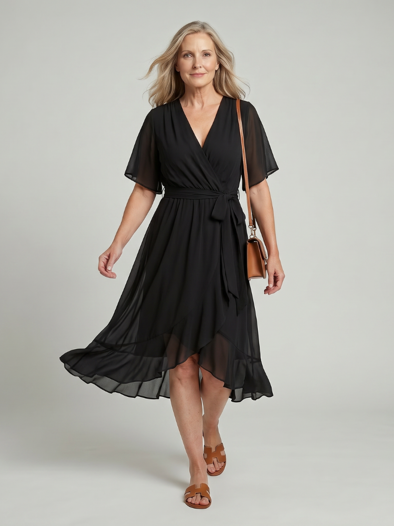 Tamsinlia | Short Sleeve Wrap Soft Flowing Hem Midi Dress