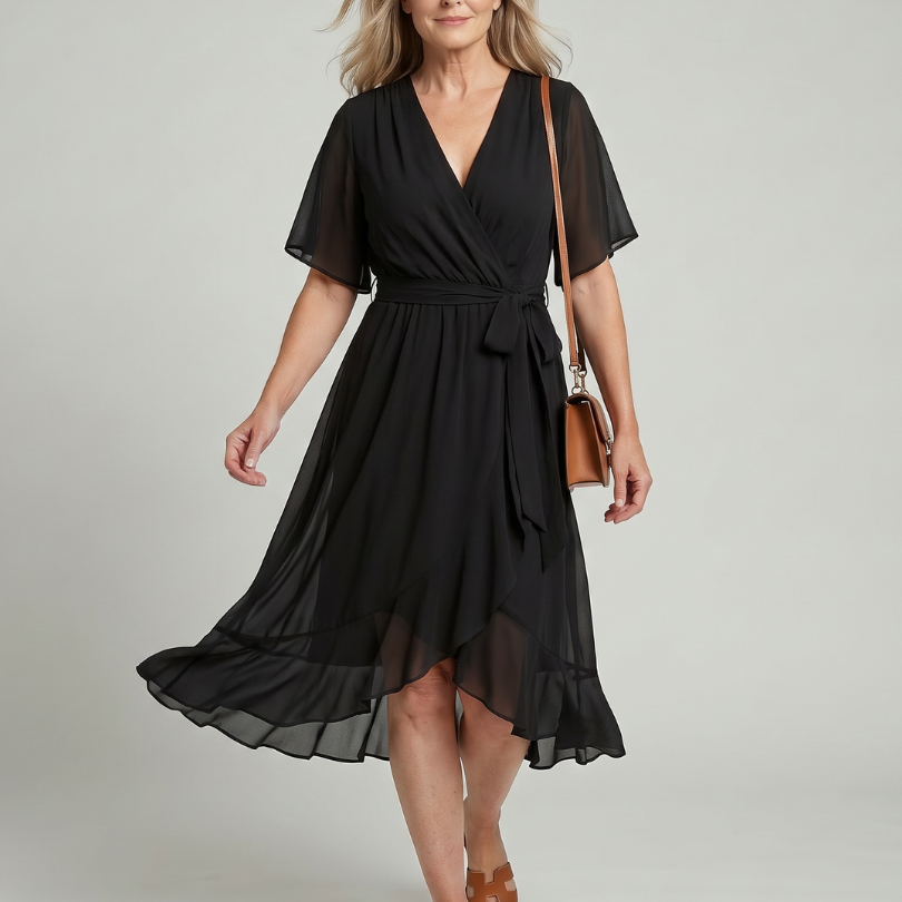 Tamsinlia | Short Sleeve Wrap Soft Flowing Hem Midi Dress