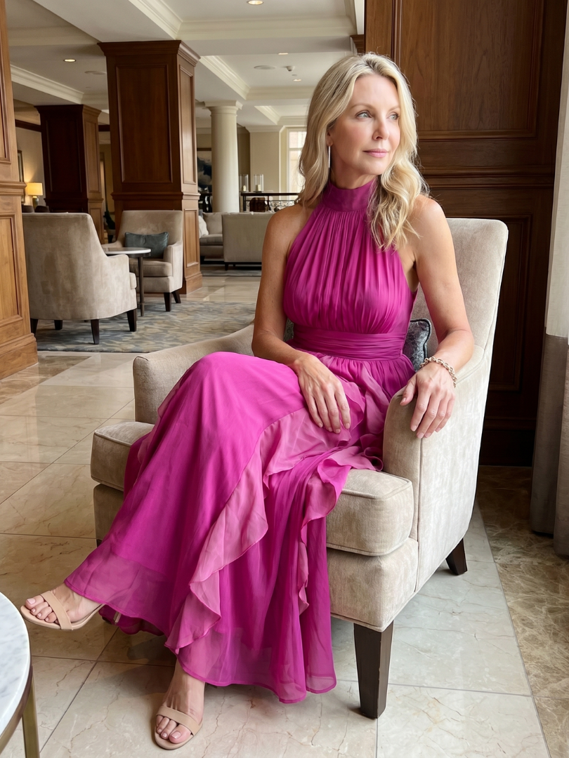 Saffrose | High Neck Gathered Ruffle Layers Maxi Dress
