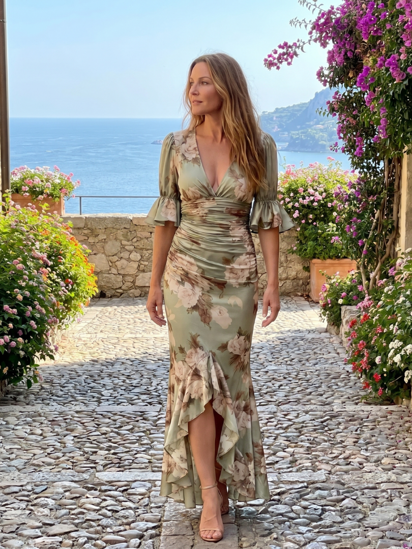 Prussa | Short Sleeve V Neck Ruched Waist Midi Dress
