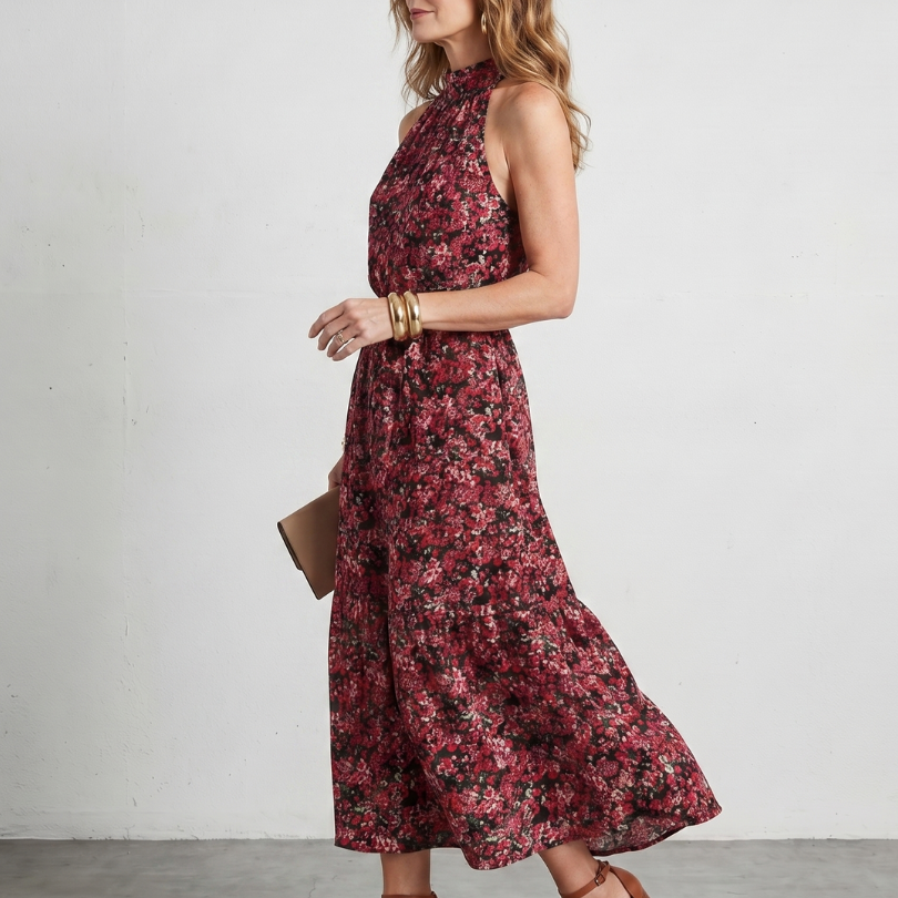 Tesdra | High Neck Floral Tiered Midi Dress