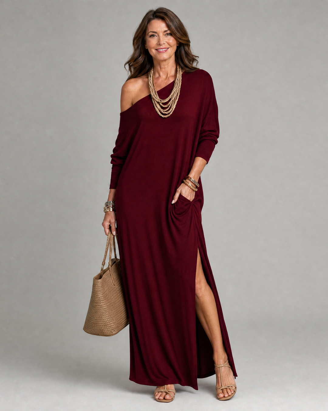 Mildra | One Shoulder Side Slit Flowing Midi Dress