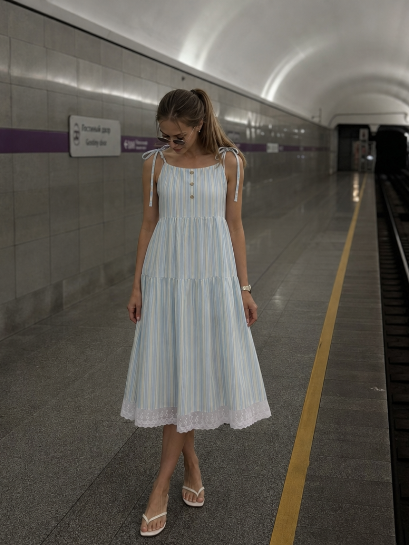Pruthea | Sleeveless Tie Strap Stripe Pattern Midi Dress