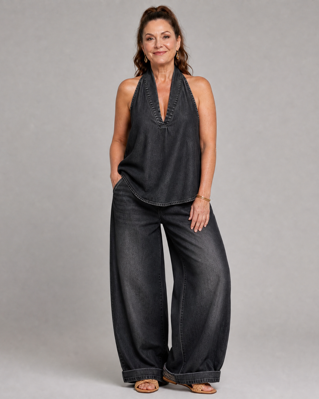 Tallyn | Halter Neck Denim Top And Wide Leg Pants Set