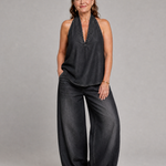 Tallyn | Halter Neck Denim Top And Wide Leg Pants Set