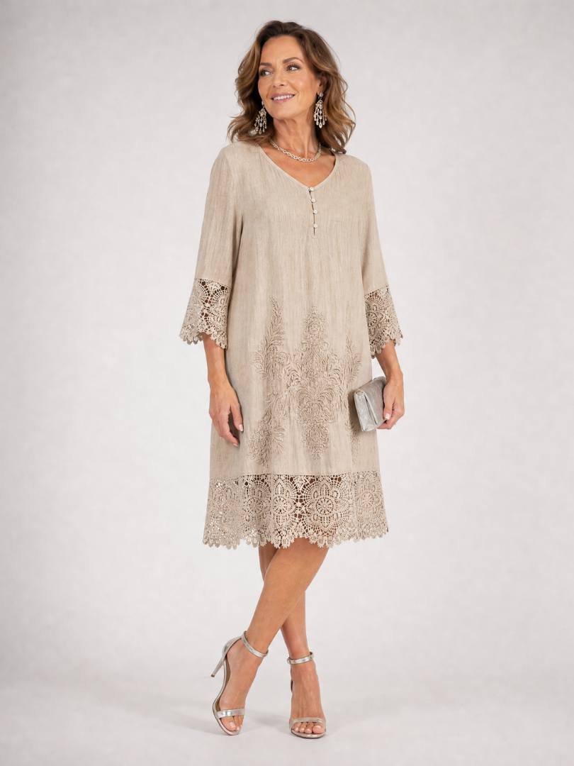 Kalnia | Embroidered Lace Trim Shift Midi Dress