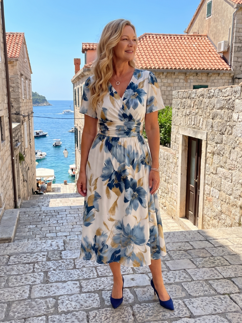 Corndra | Floral Print Short Sleeve Wrap Midi Dress