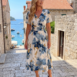 Corndra | Floral Print Short Sleeve Wrap Midi Dress