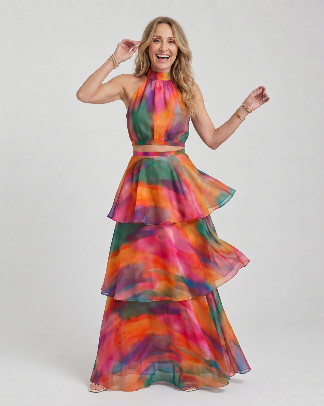 Vellora | Natural Floral Halter Cutout Tiered Maxi Dress