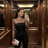 Thalette | Sheer Fitted Bodice Flared Leg Jumpsuit