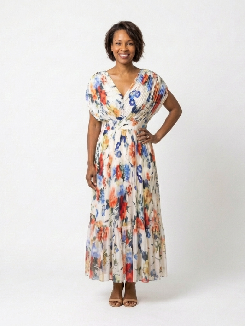 Elondra | Short Sleeve Pleated Floral Midi Dress