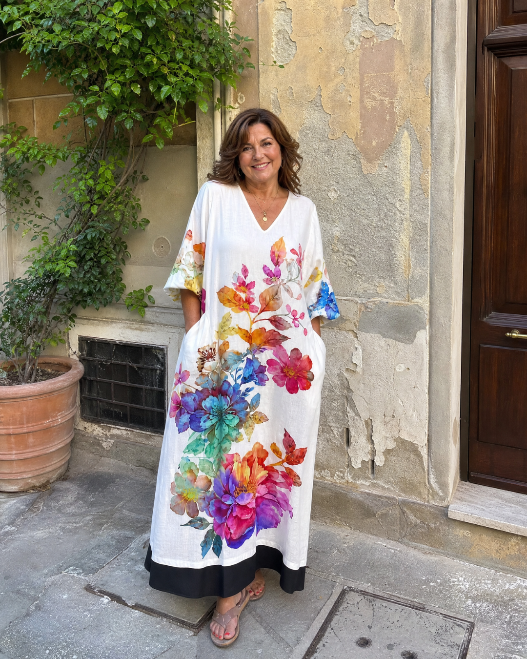 Callada | Watercolor Bloom Print Flowing Pocket Midi Dress