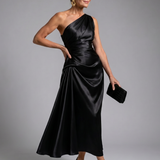 Celna | One Shoulder Draped Satin Midi Dress