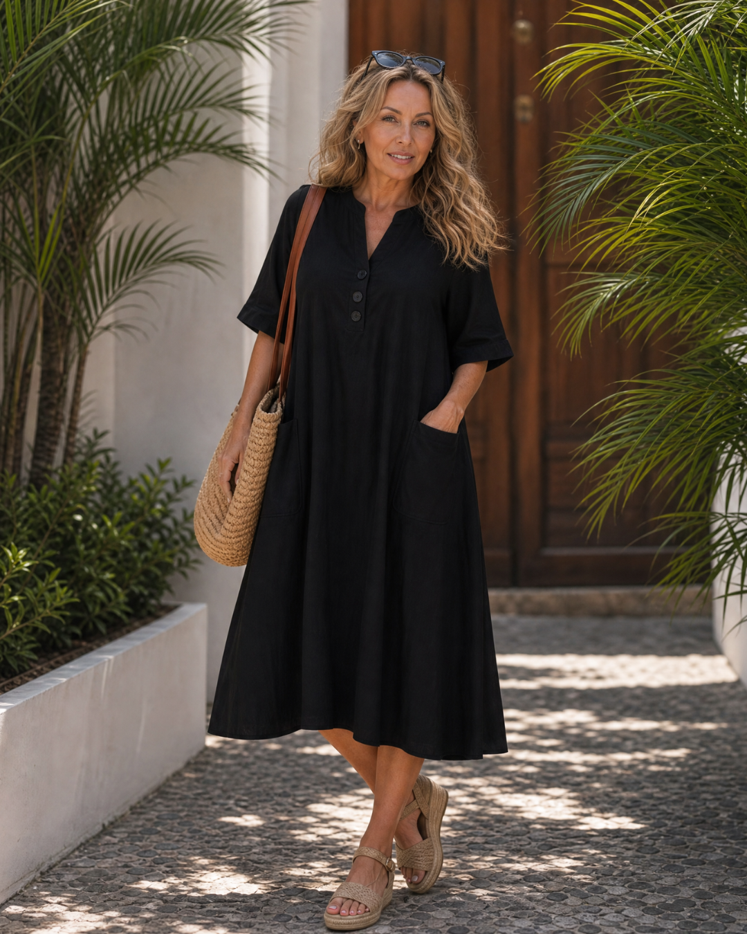 Esmebeth | Button Detail Three Quarter Sleeve Relaxed Midi Dress