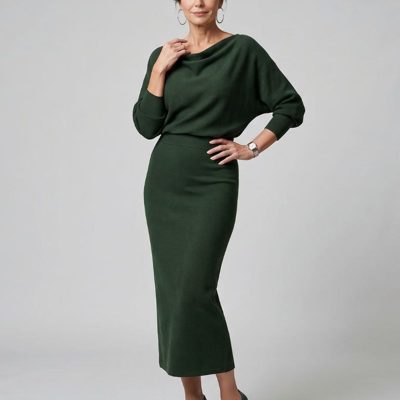 Saffwynne | Draped Neckline Fitted Skirt Midi Dress