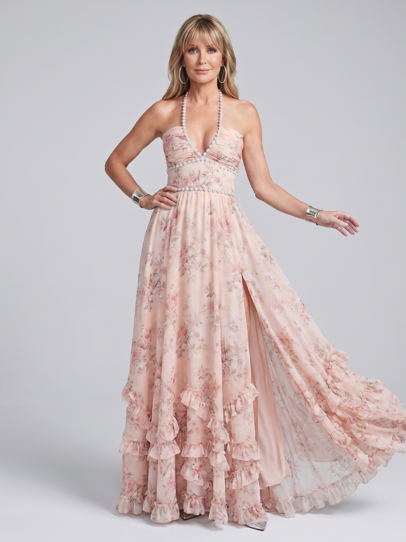 Maessa | Halter Neck Floral Beaded Strap Maxi Dress