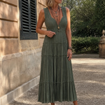 Romywynne | Pleated Sleeveless Tiered V Neck Midi Dress