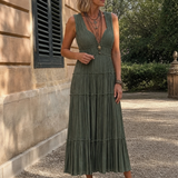 Romywynne | Pleated Sleeveless Tiered V Neck Midi Dress