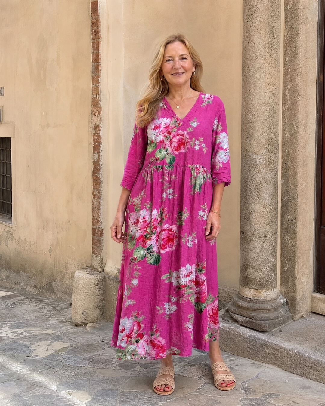 Elorina | Vintage Rose Print Gathered Waist Midi Dress