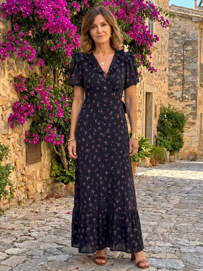 Laessa | Floral Puff Sleeve Ruffle Hem Midi Dress