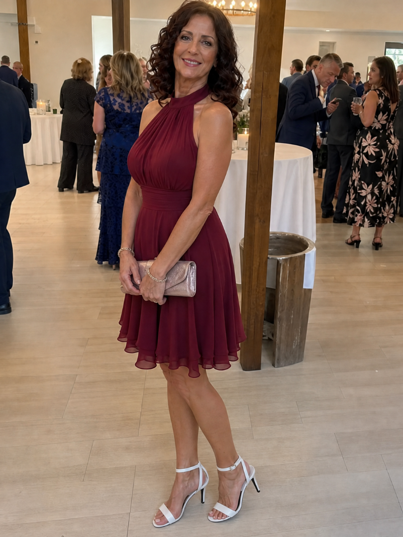 Roslia | Halter Neck Layered Hem Knee Length Dress